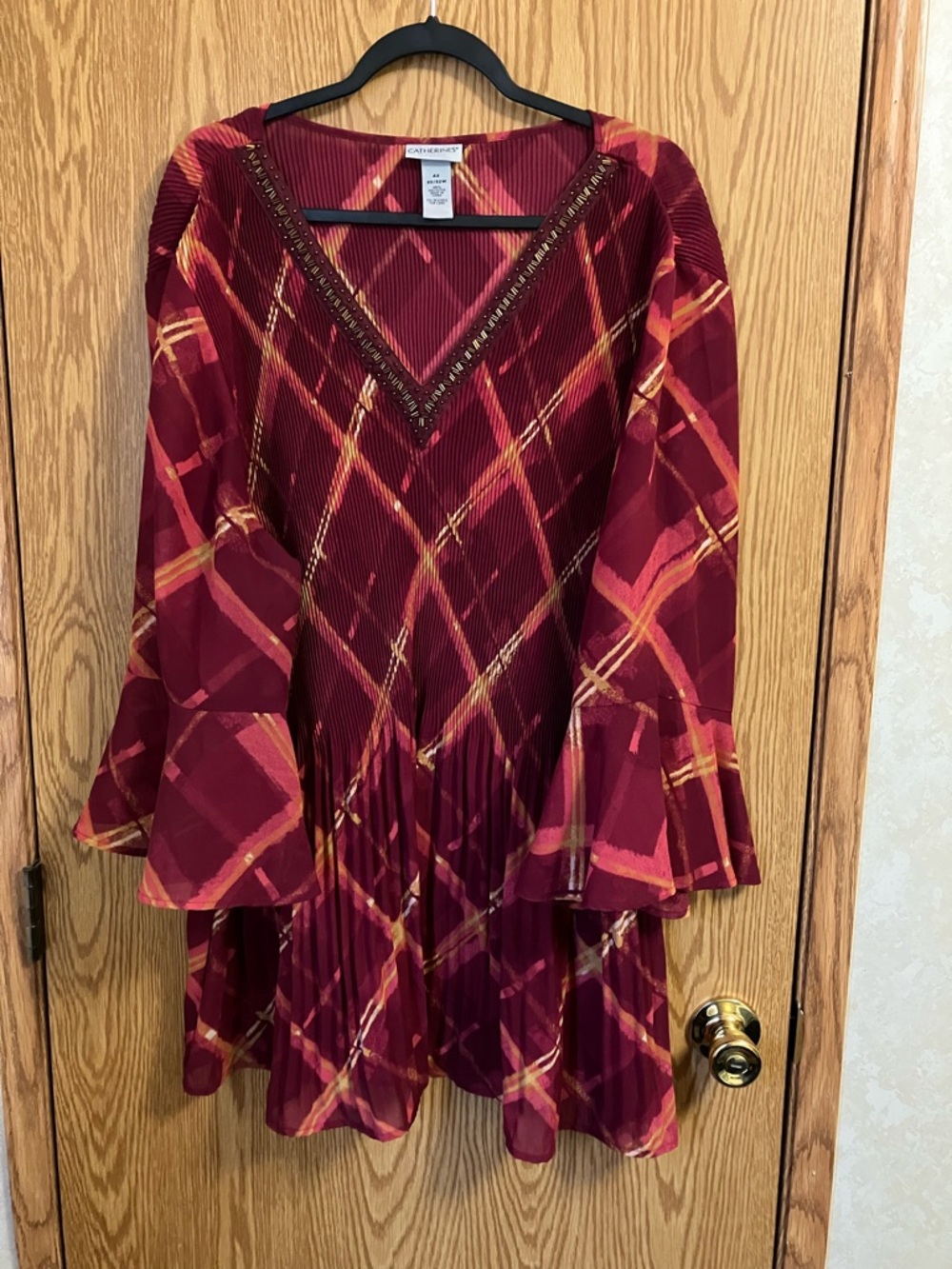 Catherines Red and Gold Plaid V-Neck Pleated Tunic Bell ruffled sleeves Size 4X